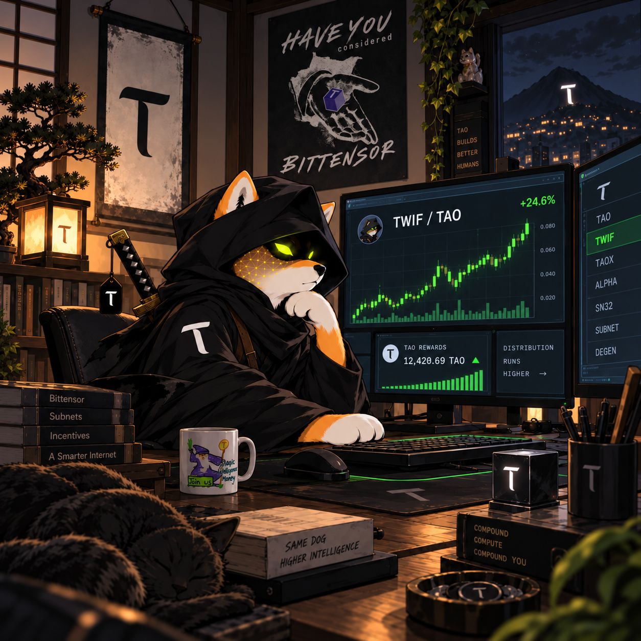 The ronin at his desk, watching the $TWIF / $TAO chart and reward flow