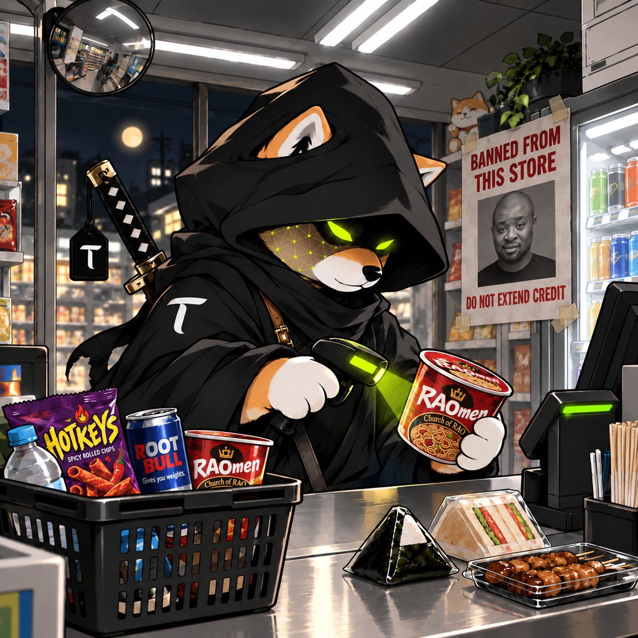 The TAO WIF HOOD ronin at the konbini till, scanning his shopping
