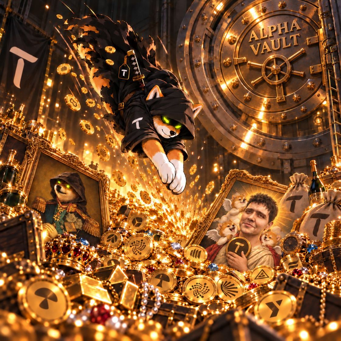 The ronin diving into the Alpha Vault, through a storm of $TAO coins